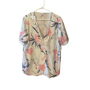 XXL Floral Print Blouse Pink‎ White Blue Short Sleeve Casual Top
